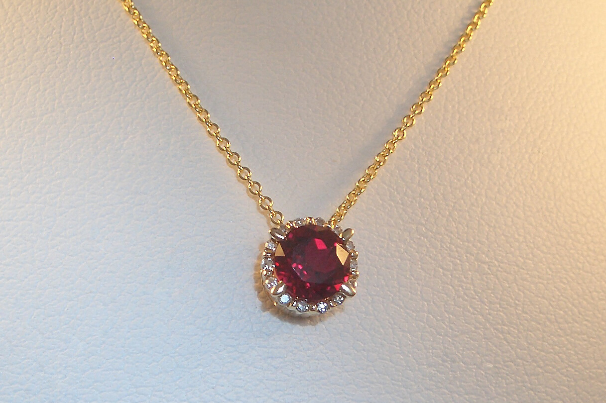 Created Ruby and Diamond Halo Pendant