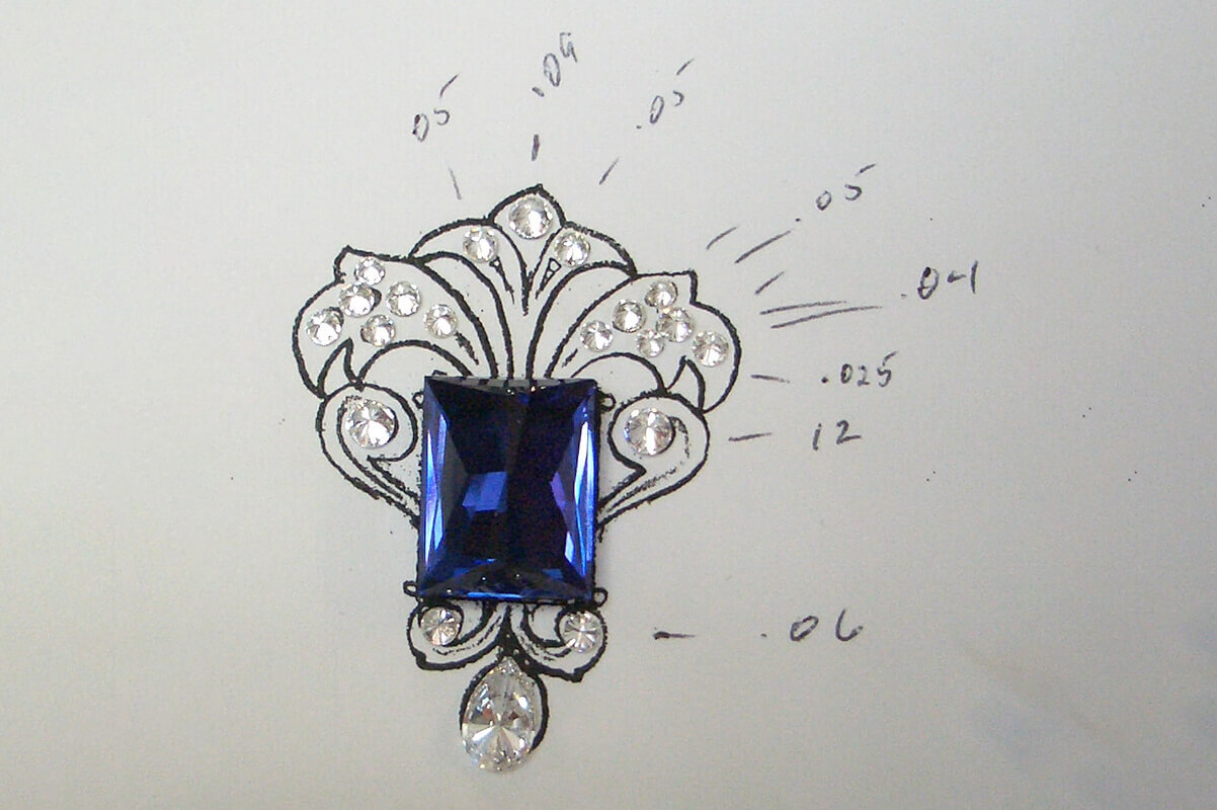 Blue stone on drawing of pendant